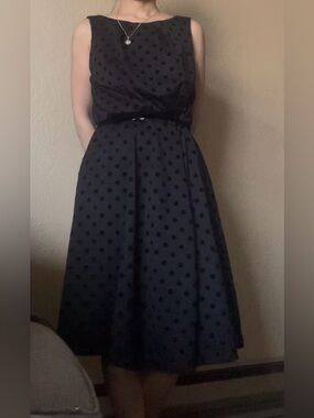 Elle Classic Black Polka Dot Sleeveless Fit-and-Flare Dress-XS